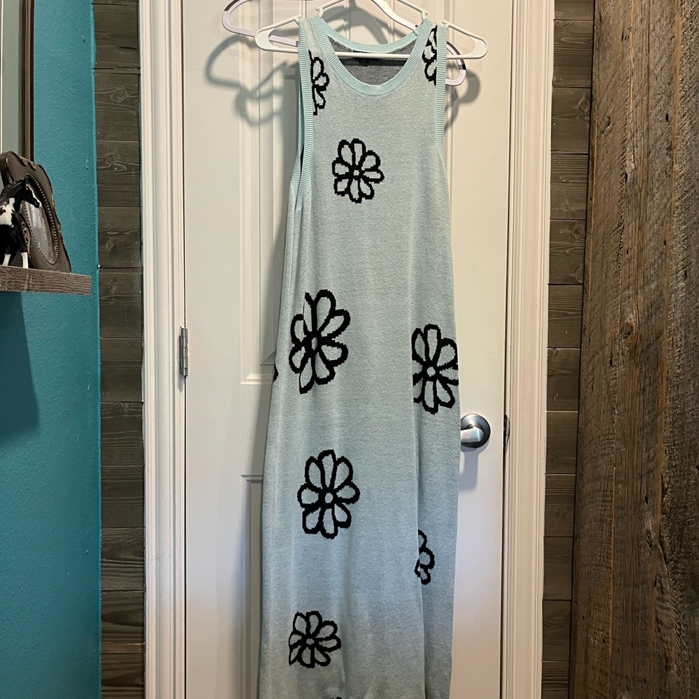 Light blue knit maxi sleeveless dress art deco flowers